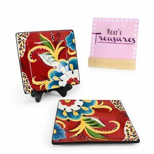 Home Accent EMILY Square Handcrafted Color Floral Scroll Appetizer Plates Set 2